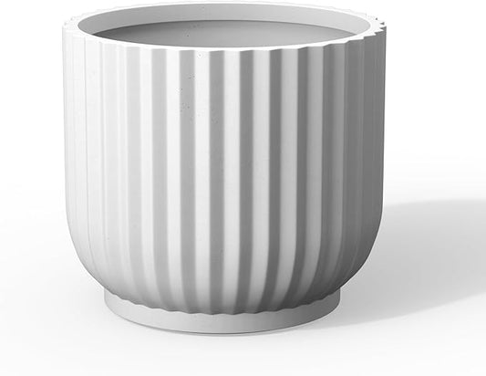 Kante Round Fulted Planter, 11 Inch Dia Large Concrete Plant Pots with Drainage Hole and Rubber Plug, Modern Decor for Indoor Outdoor Plants, Flower, White