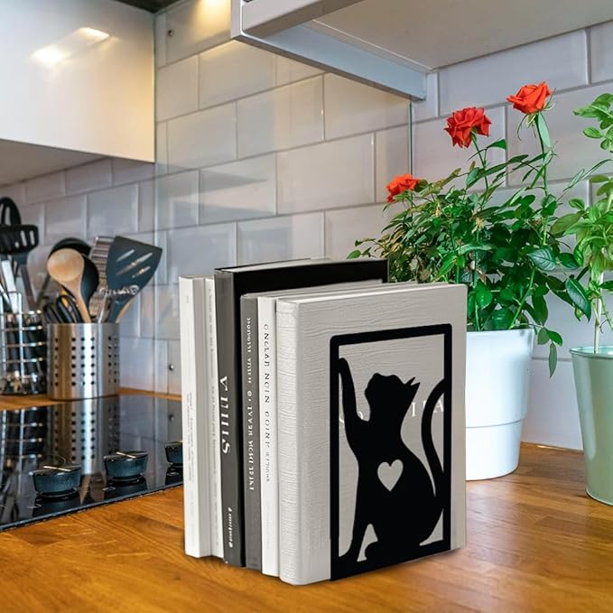 Peacoblue Metal Bookends for Shelves, Study Cast Iron Cute Cats Rustic Book Stoppers Support Holder Bookends Used on Desk, Shelf, Farmhouse Room for Small Heavy Duty Books 4.7"x3.5"x7", 1 Pair(Cats)