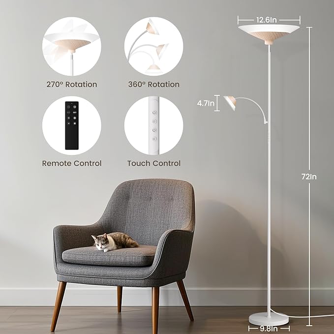 SIBRILLE Torchiere Floor Lamp with Wood Grain Shade, 72" Dimmable LED Standing Lamp with Remote, 2-in-1 Floor Reading Lamp with Color Changing, 34W White Corner Lamp for Living Room Bedroom Office