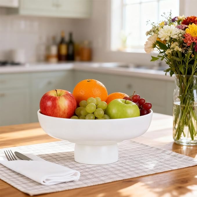 Matte White Pedestal Bowl, 9.85in Resin Decorative Centerpiece for Coffee Table, Dining Table & Entryway, Modern Fruit Bowl, Key Catchall for Home Decor