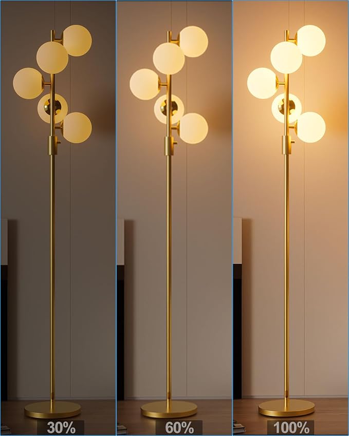 ACOHOOK Dimmable Gold Floor Lamp, 64IN Tall Standing Lamps with 5 Globe Soft Warm White Eye Care 3000K G9 Bulbs, Mid Century Modern Floor Lamp for Living Room Bedroom Office