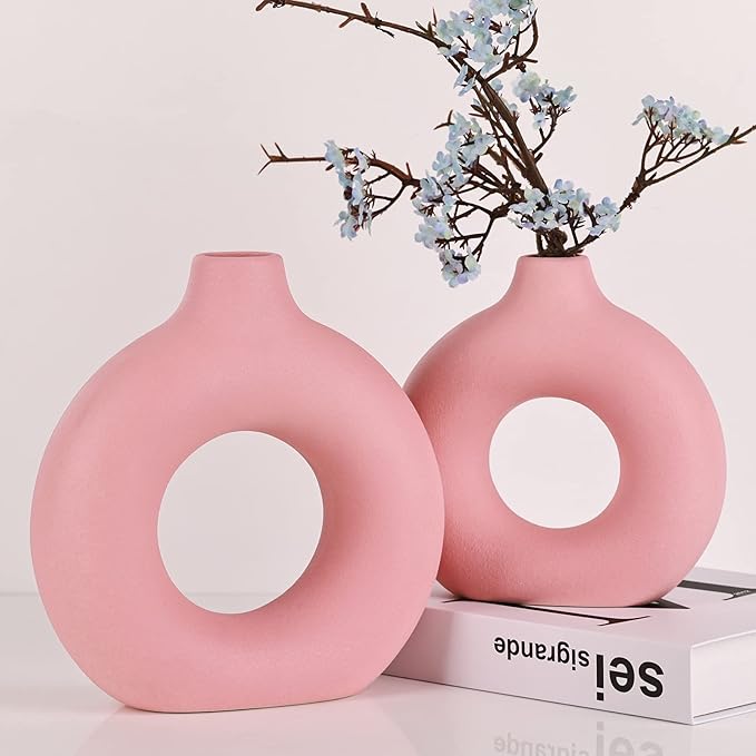 Pink Vase Decor Donut Vase Set of 2 - Circle Hollow Vases, Modern Matte Ceramic Vases for Entryway Living Room Bedroom Dining Table Centerpiece Office Home Decor