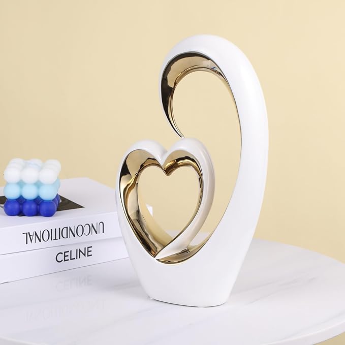 White Gold Ceramic Heart Statues - Abstract Home Sculptures for Bedroom, Wedding, Valentine Decor & Gifts for Women