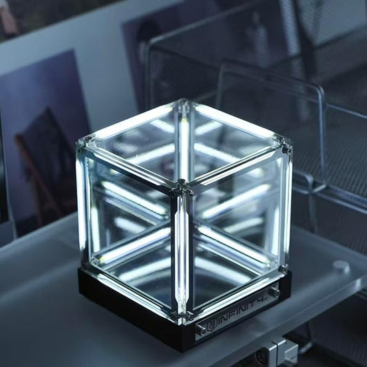 Infinity Cube Light, Infinity Mirror Cube 4D Acrylic Led Abyss Effect Touch Dimmable Rechargeable Mood Night Light for Gaming Desk Futuristic Decor (White)