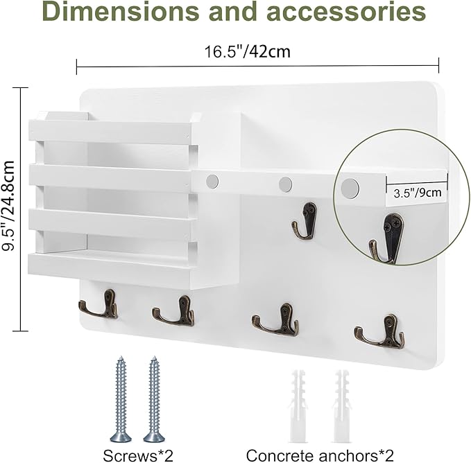 Decorative Key Hanging Rack with 10 Hooks – Easy Install Natural Wooden Key and Mail Holder for Wall Mount – Entryway Decor Rack with Shelf (White)
