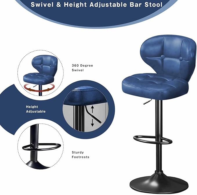 Bar Stools Set of 2,Adjustable Swivel Barstools, Modern PU Leather Upholstered Bar Chair with Back and Footrest,for Bar, Kitchen, Dining Room （Blue） 2