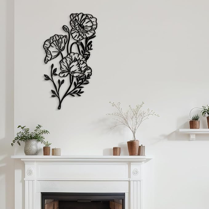 SIGNLEADER Metal Wall Art Decor Line flower Minimalist Modern Abstract Wall Sculpture Hangings Home Decoration for Living Room, Bedroom, Bathroom, Kitchen, Outdoor - 18" Black