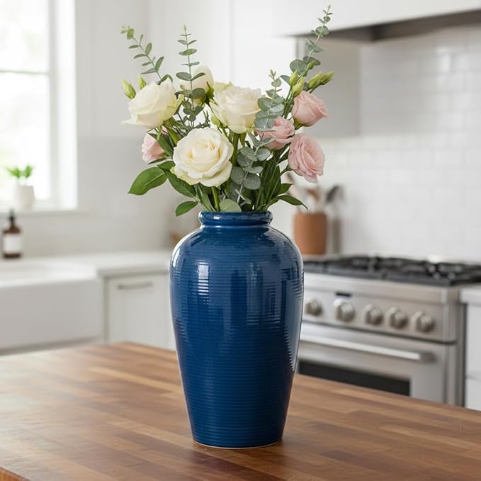 Blue Ceramic Vases Home Decor - 11 Inch Tall Farmhouse Vases for Flowers, Modern Textured Vase for Centerpieces, Living Room, Kitchen Island Decor, Fireplace, Entryway Decorations