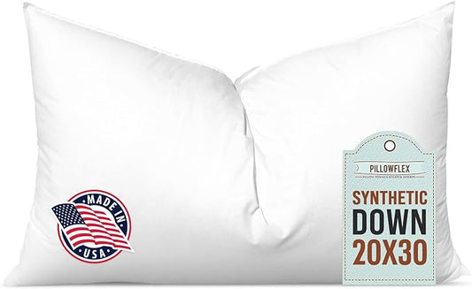 Pillowflex Synthetic Down Pillow Insert - 20x30 Down Alternative Pillow, Ultra Soft Queen Bed Sleeping Pillow, Large Rectangle Sham - 1 Decorative Pillow Form