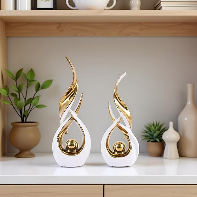 Gold Ceramic Abstract 2 Piece Statue Set,Mid Century Modern Abstract Art Home Decor Statue Mantelpiece on Unique Shelf Decor, TV Cabinet Divider Table top and Dining Table Centerpiece (White Gold)