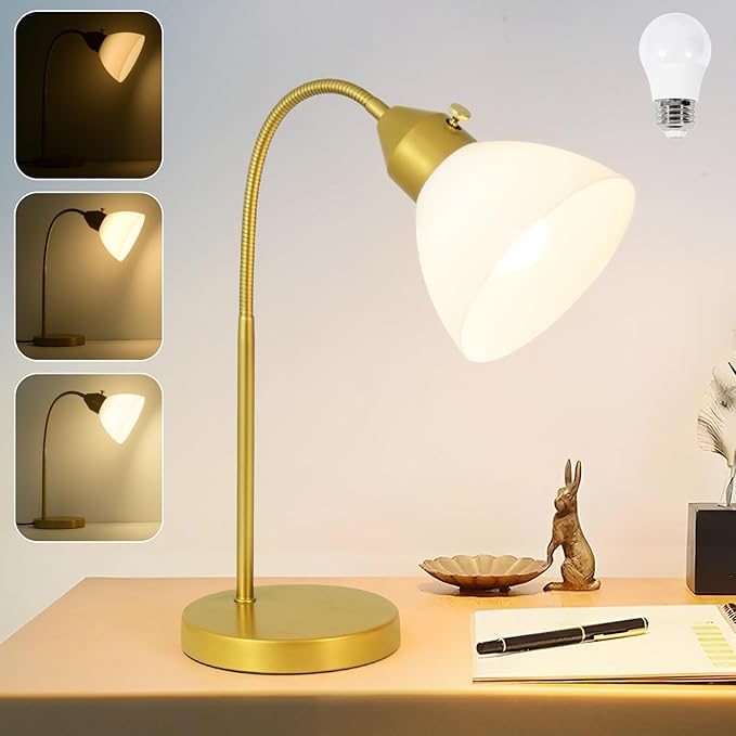 LED Desk Lamp for Home Office, 3 Levels Dimmable Reading Light, Flexible Table Lamp for Bedside Office, Rotary Switch Control, Desk Lamp for College Dorm Study Lamp, Bulb Included, Gold