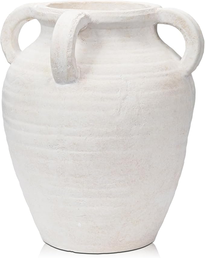 Handcrafted Flower Vase, 9.8" Tall Terracotta Vase, Vintage White Ceramic Vase, Rustic Antique Decor with 4 Handles, Wide Mouth, Matte Finish for Home Office Resto Café Décor