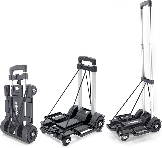 Folding Hand Truck Lightweight Trolley,Small Utility Dolly cart with 4 Wheels & 2 Elastic Ropes,Portable Backpack Trolley,Luggage cart,Dolly,Grocery cart,Travel,Moving,Shopping.Aluminum Pole,Black