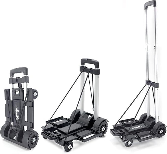 Folding Hand Truck Lightweight Trolley,Small Utility Dolly cart with 4 Wheels & 2 Elastic Ropes,Portable Backpack Trolley,Luggage cart,Dolly,Grocery cart,Travel,Moving,Shopping.Aluminum Pole,Black