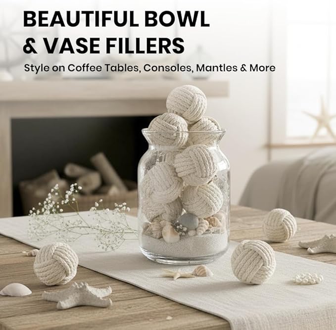 Set of 6 Cotton Rope Balls – Decorative Nautical Accents – for Vase Fillers, DIY Crafts, Rustic Living Room Decor – Handmade Knot Ornaments for Tray Styling, Coastal Display, or Housewarming Gift
