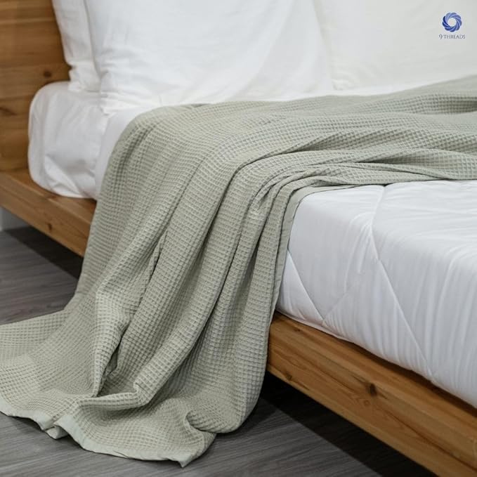 9Threads GOTS Certified Organic Cotton Waffle Weave Blanket, Queen Bed Size, 90"X90"Cozy Throw Blanket for Couch, Modern Home Decor, Throw Blankets,Comfy Waffle Blanket Soft Bed Blankets -Sea Foam