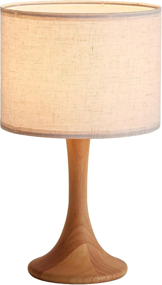 Bedside Table Lamp for Bedroom, Nordic Plug in Fabric Shade & Solid Wood Base Desk Lamp, Plug & Play Yellow Wood Color Nightstand Lamp for Living Room, Office, Switch Power Cord 【Bulb Not Included】