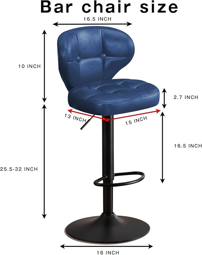 Bar Stools Set of 2, Adjustable Swivel Bar Chairs with 360° Rotation, Padded Counter Stools with Back and Footrest for Kitchen Island, Bistro, Cafe, and Home Use Blue