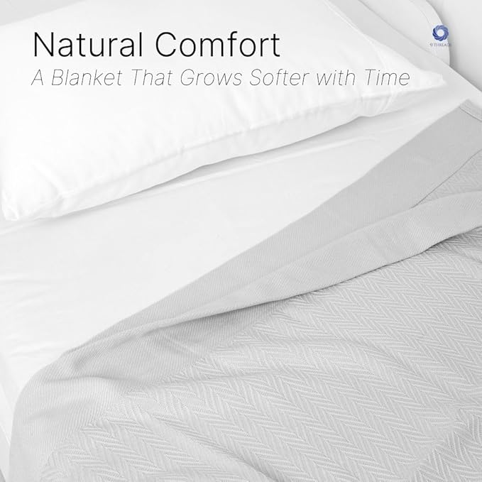 9Threads 100% Cotton Herringbone Weave Blankets, 66"X90" Twin, Throw Blanket for Bed,All Season Cotton Blanket, Cozy Blanket,Throws Bed Blanket, Throw Blanket for Couch,Modern Home Decor -Light Grey
