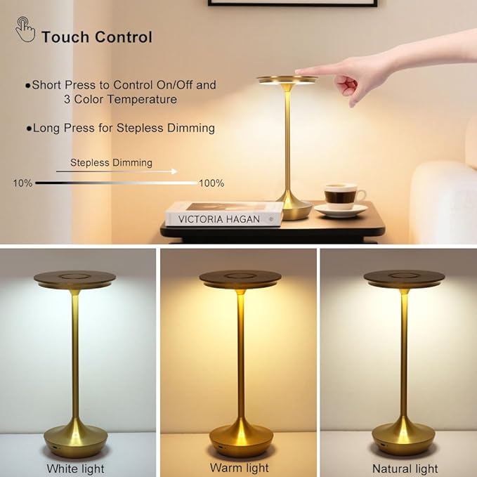 Cordless Table Lamp Set of 2,Portable Rechargeable 6000mAh Outdoor LED Table Lamps,3 Color Stepless Dimming Touch Battery Powered Lamp, Table Light for Restaurant/Patio/Camping/Bedroom(Gold)