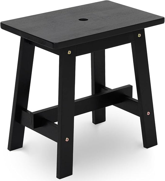 BEEFURNI Rectangular Acacia Wood Stool, Small Bench Seat, 18 Inch Stool, Wood Bathroom Vanity Bench, Plant Stand Indoor, 350 LBS Load Capacity, 1-Year Manufacturer Warranty (Black)