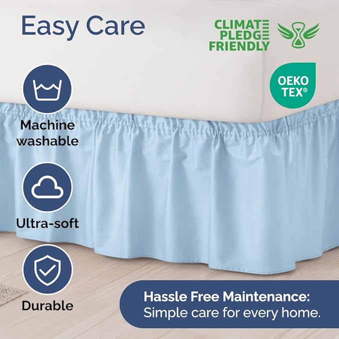 Wrap Around Dust Ruffle Bed Skirt - Light Blue - for King Size Beds with 15 Inch Drop - Elastic Strap - Adjustable Pleated Bedskirt with Brushed Fabric and Wrinkle Free - for Women, Men, Kids & Teens