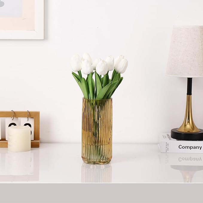 Ribbed Glass Vase, Flower Vases for Bouquet, Amber Glass Vases for Flowers, Modern Ribbed Vase for Living Room, Bathroom, Dining Table, Office, Wedding, Centerpieces, 8 Inches