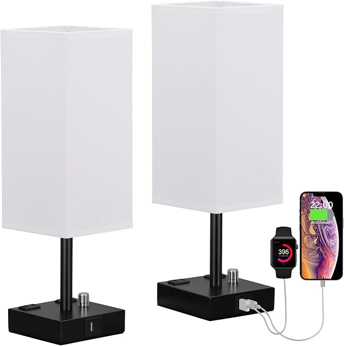 aooshine White Fully Dimmable Nightstand Lamps Set of 2 - Table Bedside Lamp with USB C+A Charging Ports & 2 AC Outlets, Square Lamp Sets Linen Fabric Shade for Bedroom Living Room(Bulb Included)