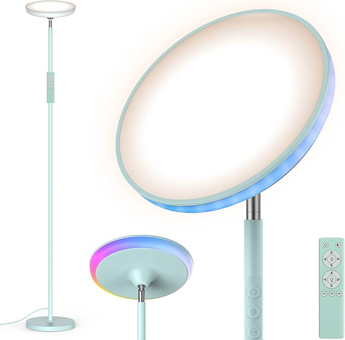 WOWLUMEN Bright Floor Lamp for Living Room, 42W LED Room Lights with Remote, 3700LM RGBW Modern Tall Standing Light, Color & Brightness Dimmable, UFO Ring Lamp,1/2/3H Timer for Bedroom,Office(Blue