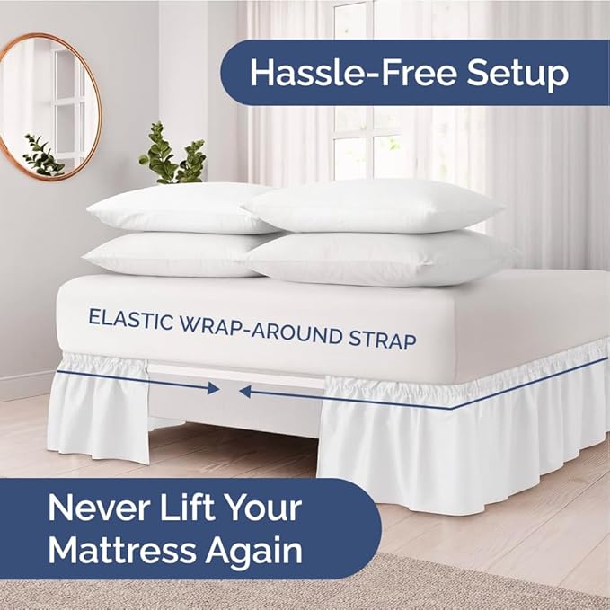Wrap Around Dust Ruffle Bed Skirt - White - for Full Size Beds with 12 Inch Drop - Easy Fit Elastic Strap - Adjustable Pleated Bedskirt w/Brushed Fabric - Wrinkle Free - for Women, Men, Kids & Teens