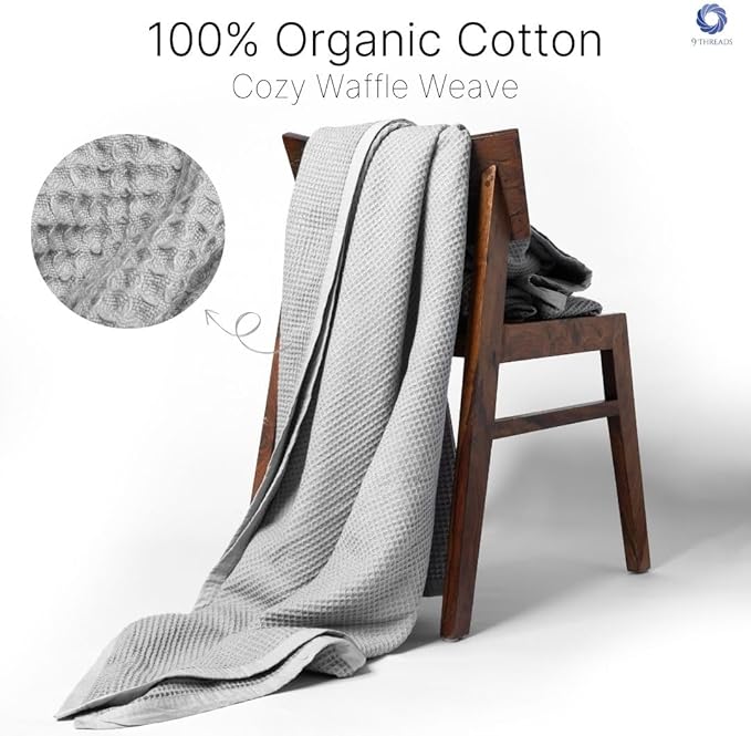 9Threads GOTS Certified Organic Cotton Waffle Weave Blanket, King Bed Size,108"X90" Cozy Throw Blanket for Couch, Modern Home Decor, Throw Blankets,Waffle Blanket, Soft Bed Blankets -Scottish Grey
