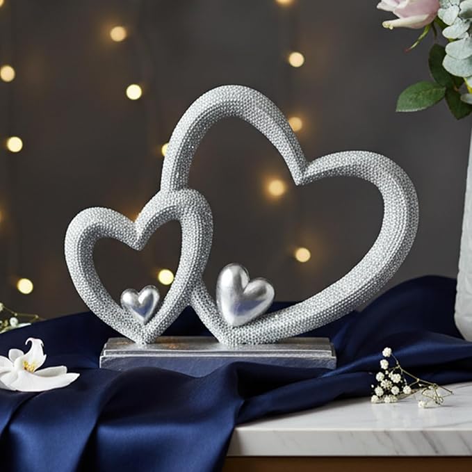 Double Heart Sculpture Valentine’s Day Statue, Faux Beaded Texture with Gold Accents, 7.9" Silver Romantic Decor for Shelf, Mantel, Bedroom, Wedding, for Her