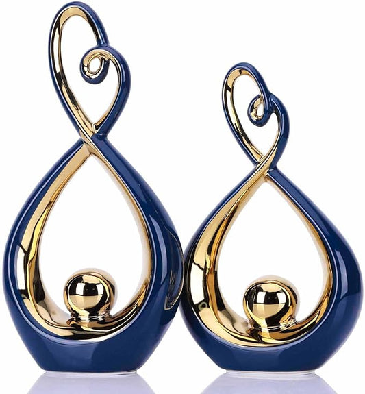 DOVDOV Navy Blue Decorations, Ceramic Abstract Sculpture 2 Piece Set, Still and Gold Decorative Statues, Gorgeous Home Decor for Office, Room, Shelf, Coffee Table and Desktop Decor Aesthetics.