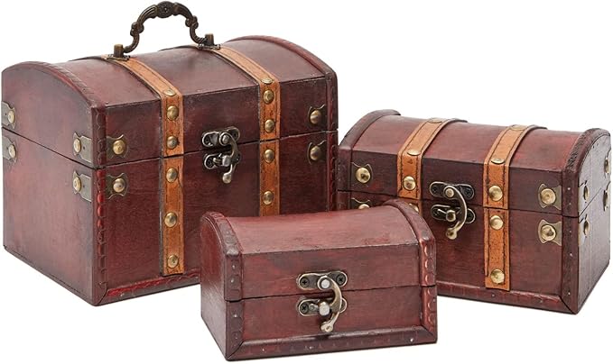 Juvale Treasure Chest Storage Boxes - Dark Brown Wood, Antique Style, Set of 3 - Pirate Chest Decor & Treasure Box for Classroom, Party Decorations & Kids Toy Organization