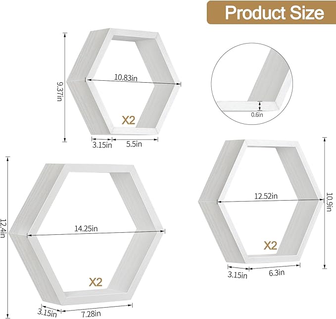 Hexagon Floating Shelves Set of 6 Wood Honeycomb Shelves Wall Mounted Farmhouse Storage Honeycomb Wall Shelf Hexagonal Decor Shelf with Hanging Hardware for Bedroom Living Room Kitchen, White MDF