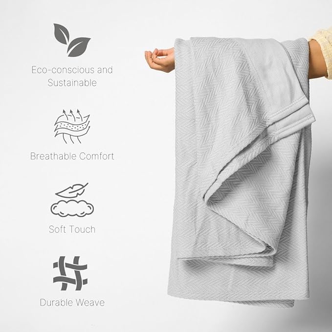 9Threads 100% Cotton Herringbone Weave Blankets, 66"X90" Twin, Throw Blanket for Bed,All Season Cotton Blanket, Cozy Blanket,Throws Bed Blanket, Throw Blanket for Couch,Modern Home Decor -Light Grey