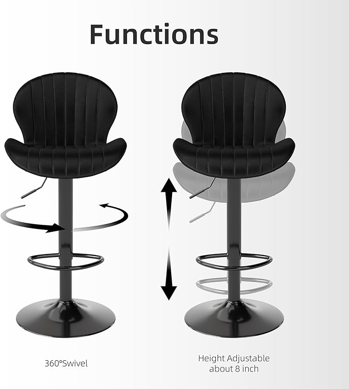 Youhauchair Modern Bar Stools Set of 2, Velvet Height Adjustable Swivel Barstools, Armless Kitchen Island Counter Chairs with Back & Footrest, Black