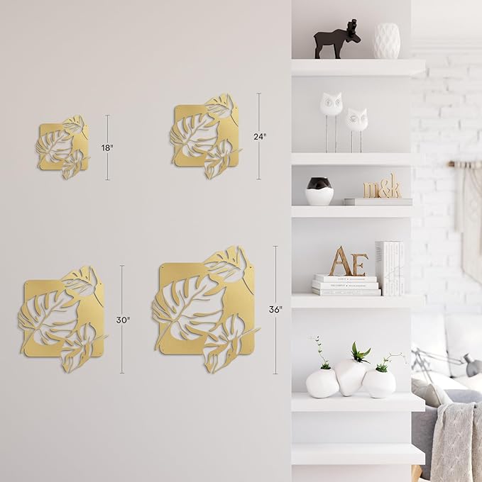 SIGNLEADER Metal Wall Art Decor Tropical Monstera Leaf Minimalist Modern Abstract Wall Sculpture Hangings Home Decoration for Living Room, Bedroom, Bathroom, Kitchen, Outdoor - 18" Gold