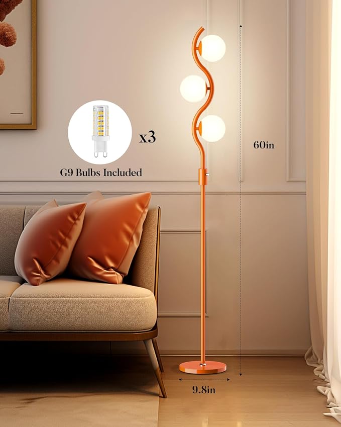 Lightdot 3-Globe Dimmable Floor Lamp Orange Mid Century Modern Standing Lamp with 3PCS 3000K G9 Bulbs Stepless Brightness Adjustable Stable Base for Living Room, Bedroom, Office
