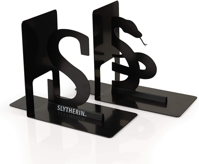 Harry Potter Metal Bookends - Black Hogwarts House Slytherin Diecast Design - Decorative Book Holder - Home, Office, Kitchen, Room Decor - Books Collection Display For Shelves - Desk Accessories Set