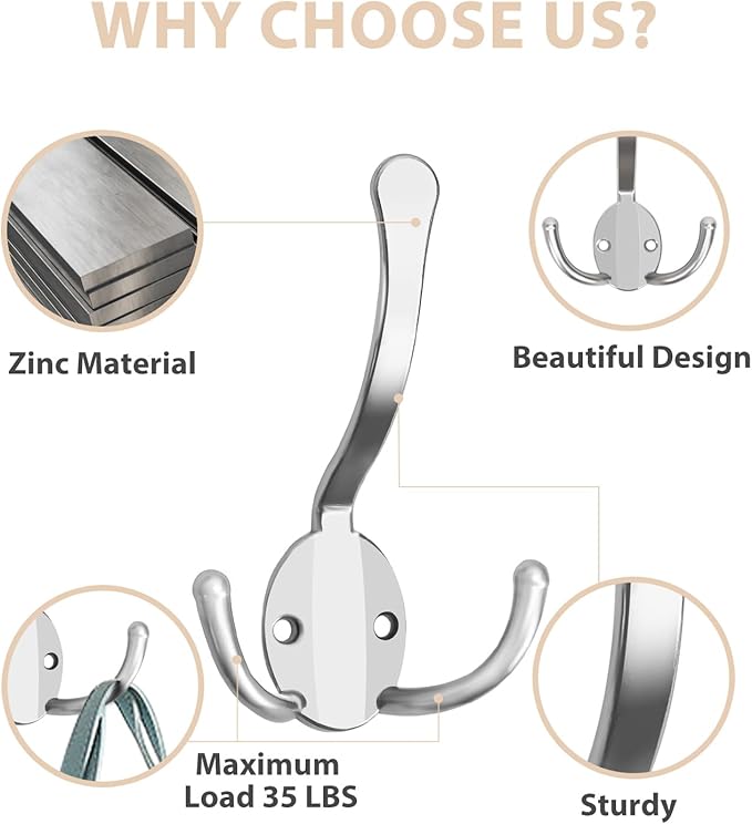 10 Pack Coat Hooks Heavy Duty, Metal Three Prongs Large Coat Hooks Wall Mounted with 20 Screws, No Rust Silver Rustic Wall Hooks for Hanging Towel, Coat, Scarf, Bag, Hat, Cup, Key