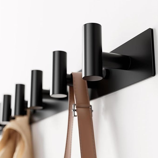 Black Wall Mounted Coat Rack – 5 T-Shaped Pegs for Hats, Bags & Towels, Heavy-Duty Metal Rail for Entryway, Bathroom, Closet, Bedroom (1 Pack)