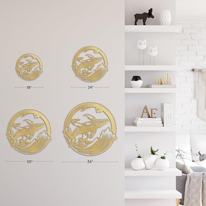 SIGNLEADER Metal Wall Art Decor Whale on Waves Minimalist Modern Abstract Wall Sculpture Hangings Home Decoration for Living Room, Bedroom, Bathroom, Kitchen, Outdoor - 18" Gold