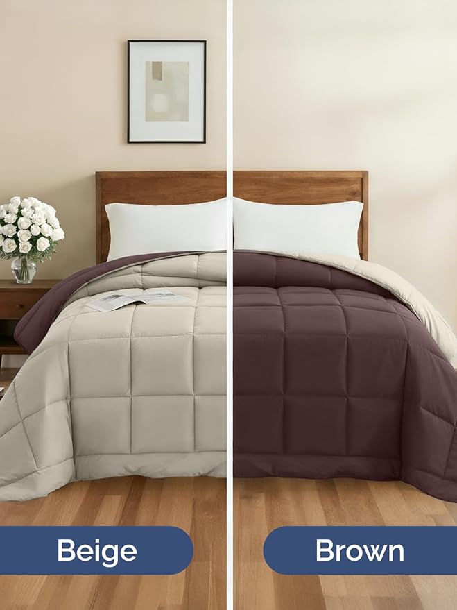Full Size, Brown & Beige Reversible Alternative Down Comforter - Warm Lightweight - Breathable Hotel Quality Bedding Set - All Season Fluffy Cozy Oversized Cooling Microfiber Duvet Insert Comforter