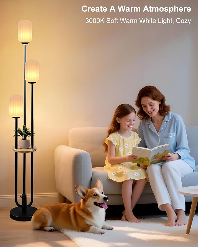 ACOHOOK Floor Lamp for Living Room, Dimmable Vintage Floor Lamp with Shelf & LED Bulbs, 3 Light 3000K Soft Warmwhite Mid Century Standing Lamp, Tall Lamps for Bedroom Office