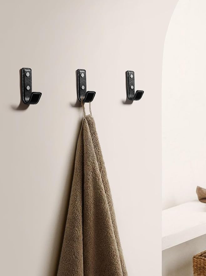 2 Pack Black Leather Coat Hooks Wall for Hanging Rectangle Coat Hooks for Hanging Robe Towels Bags Hats Scarf Keys Clothes Suitable for Bedroom, Entryway and Closet