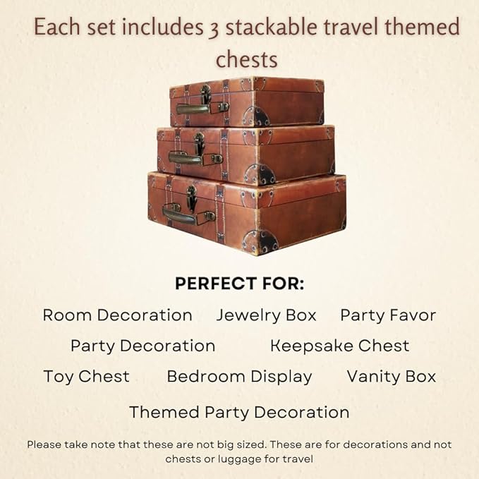 Blue Orchards Decorative Travel-Themed Paperboard Boxes (Set of 3) – Small Suitcase-Style Storage for Keepsakes, Mementos, Miniature Prop-Style Luggage | Largest Suitcase is 12'' L x 8'' W x 3.5'' H