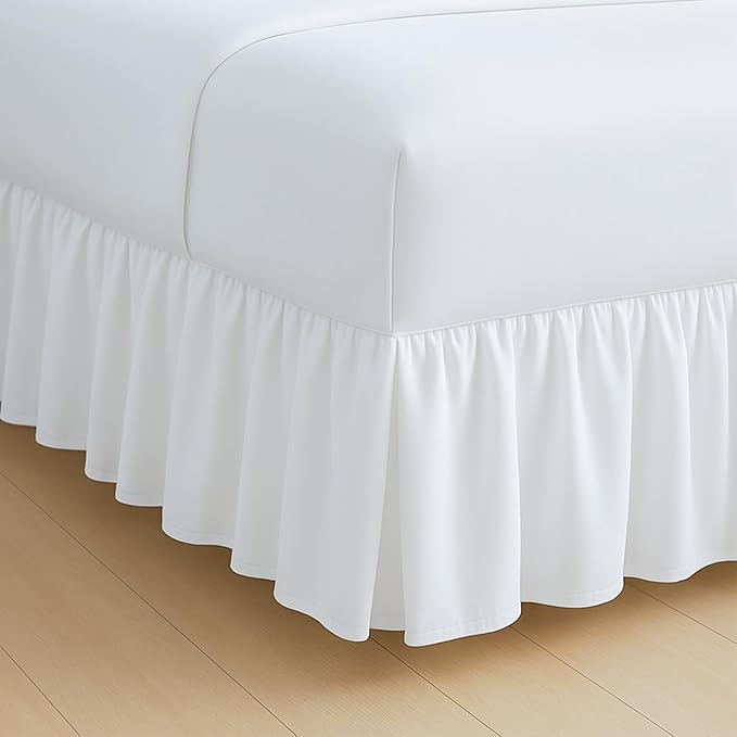 Rajlinen Ruffled Bed Skirt Queen, 8 Inch Drop Dust Ruffle with Split Corners, 100% Microfiber Bedskirt with Platform, Three-Sided Coverage Ruffled Gathering Design, White