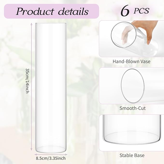 6 Pack Glass Cylinder Vases 14 Inch Tall Clear Flower Vase for Centerpieces, Hurricane Floating Candle Holder Wedding Decorations, Floral Vase Bulk for Table Shelf Party Home Deco (14 x 3.35 Inch)