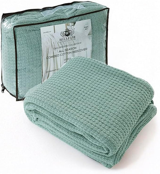 HILLFAIR 100% Soft Premium Combed Cotton Thermal King Blankets – Soft Cozy Warm Cotton Blanket– Bed Throw Blanket– King Bed Blankets– All Season Blanket– Sage